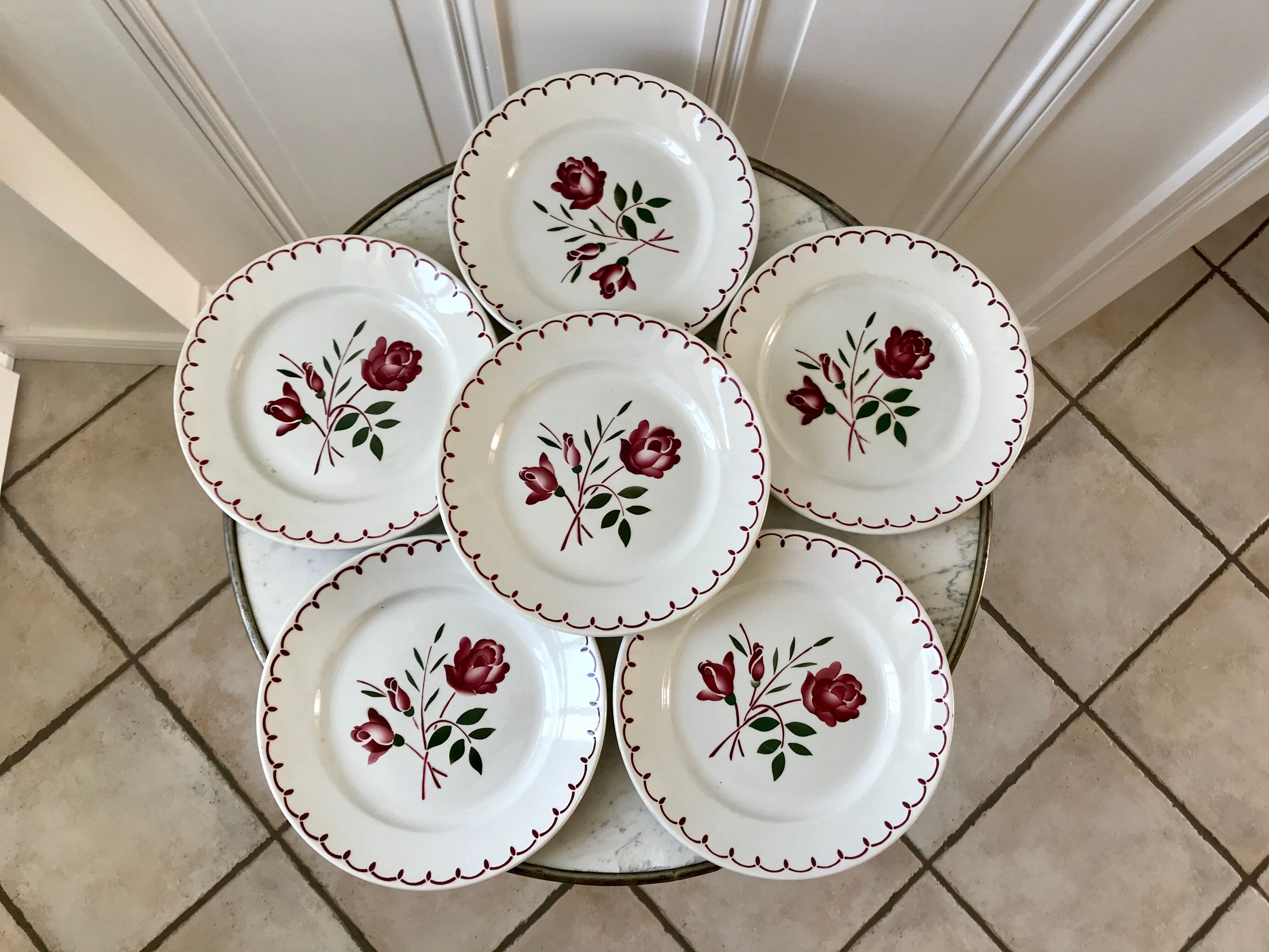 Set of 6 flat flower plates Badonviller 30s