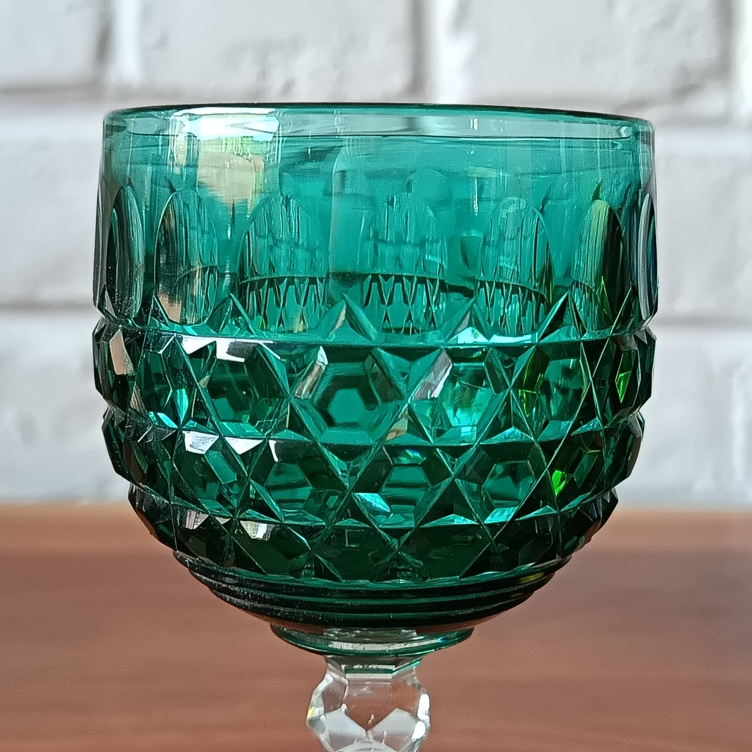 2 vintage cut glass coloured stemmed glasses