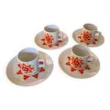 Ensemble à café 4 tasses et soucoupes, porcelaine vintage 1970