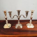 Antique silver-plated metal candlestick and candle holders