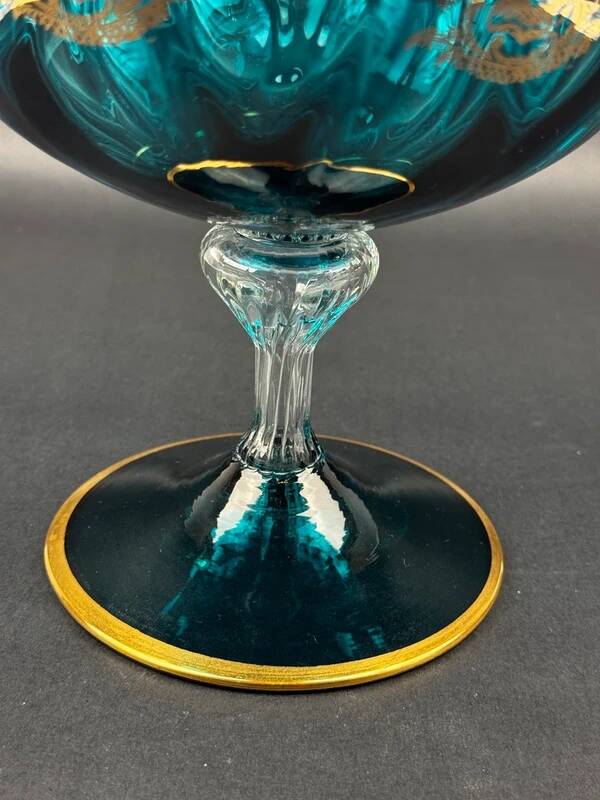 Decorative bowl in blue enamelled and gilded glass, red cabochons – height 32 cm