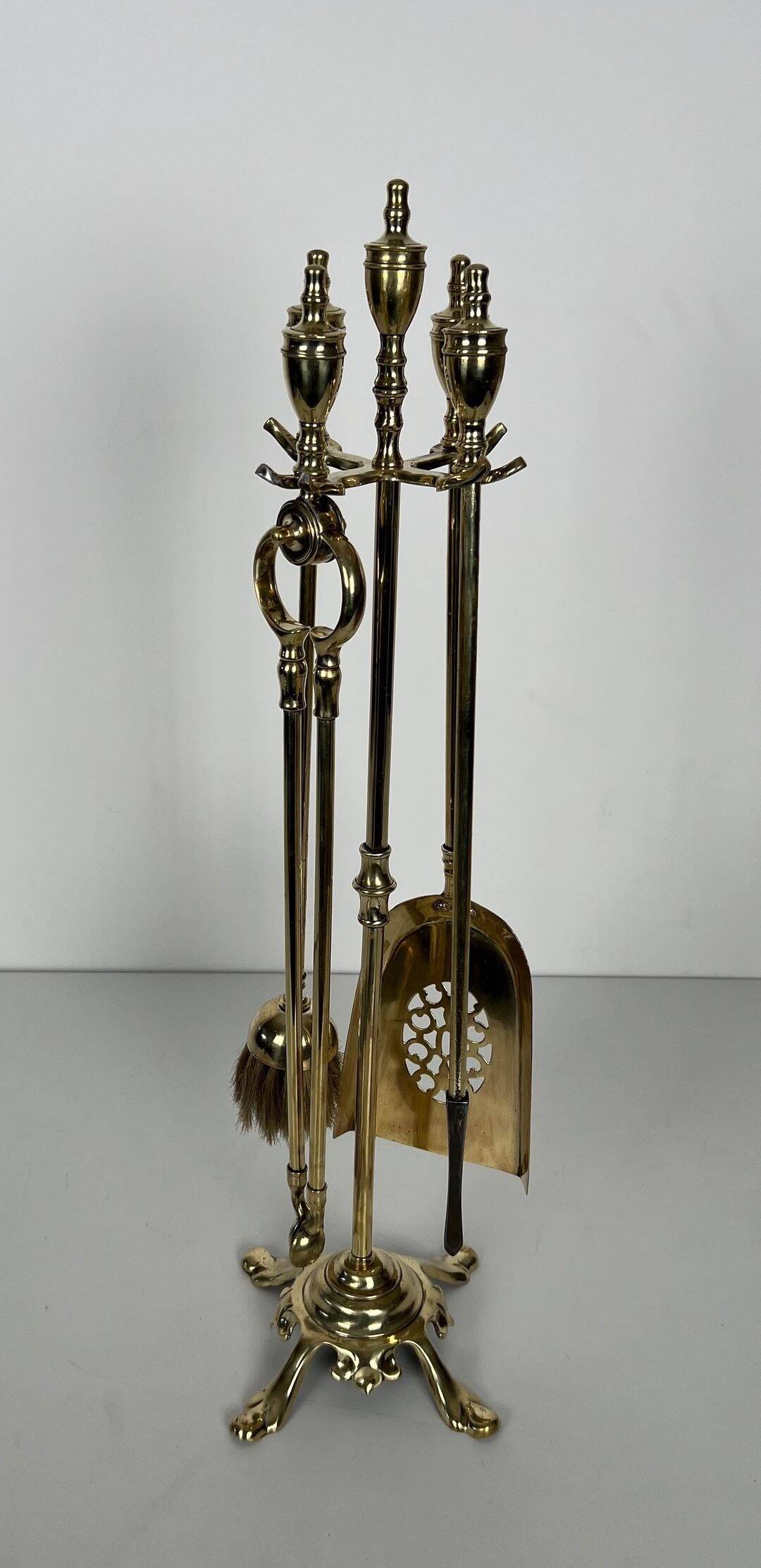 Neoclassical Polished Brass Fire Set with Ring Tools