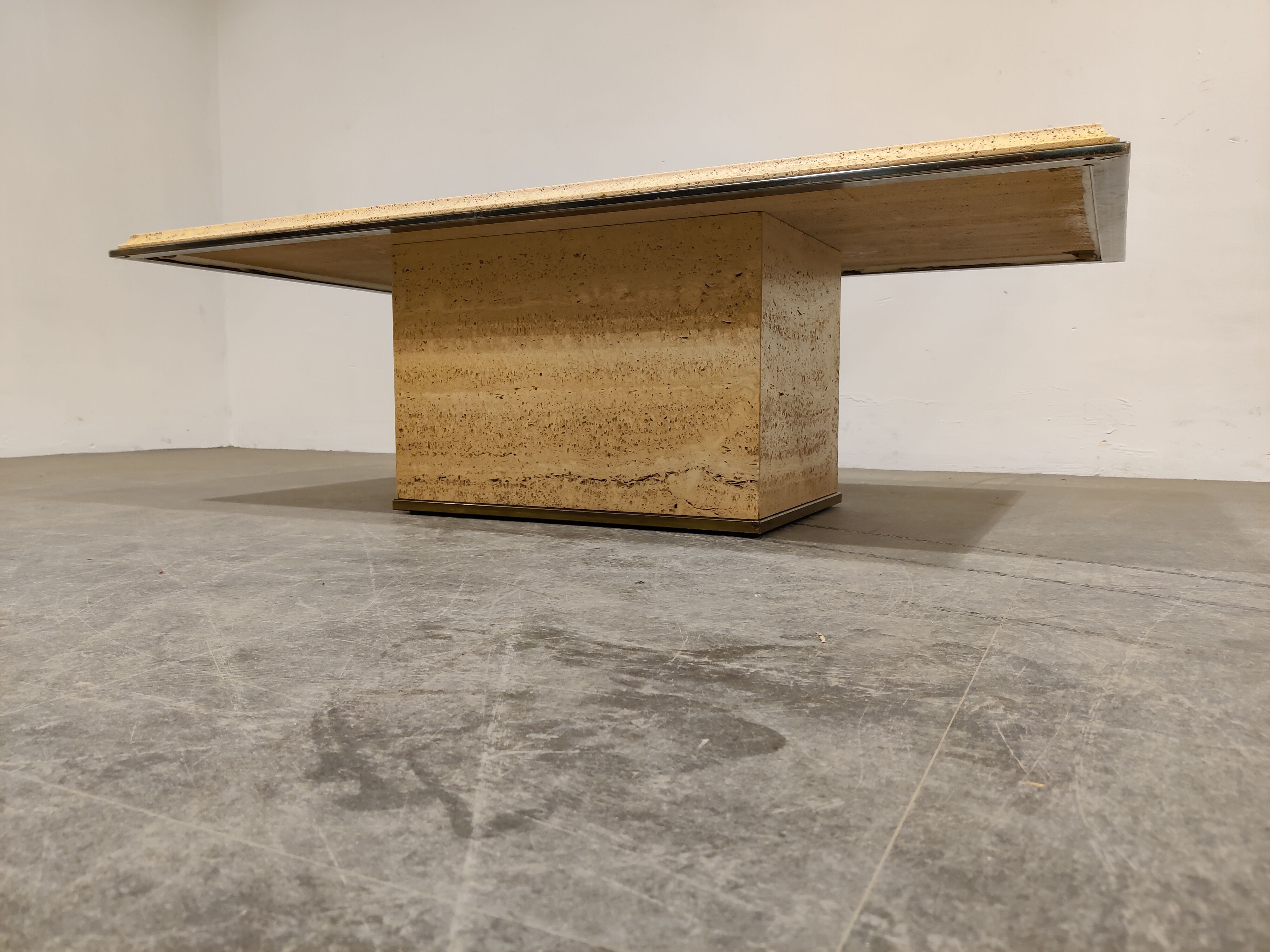 Vintage travertine and brass coffee table by Fedam, 1970s