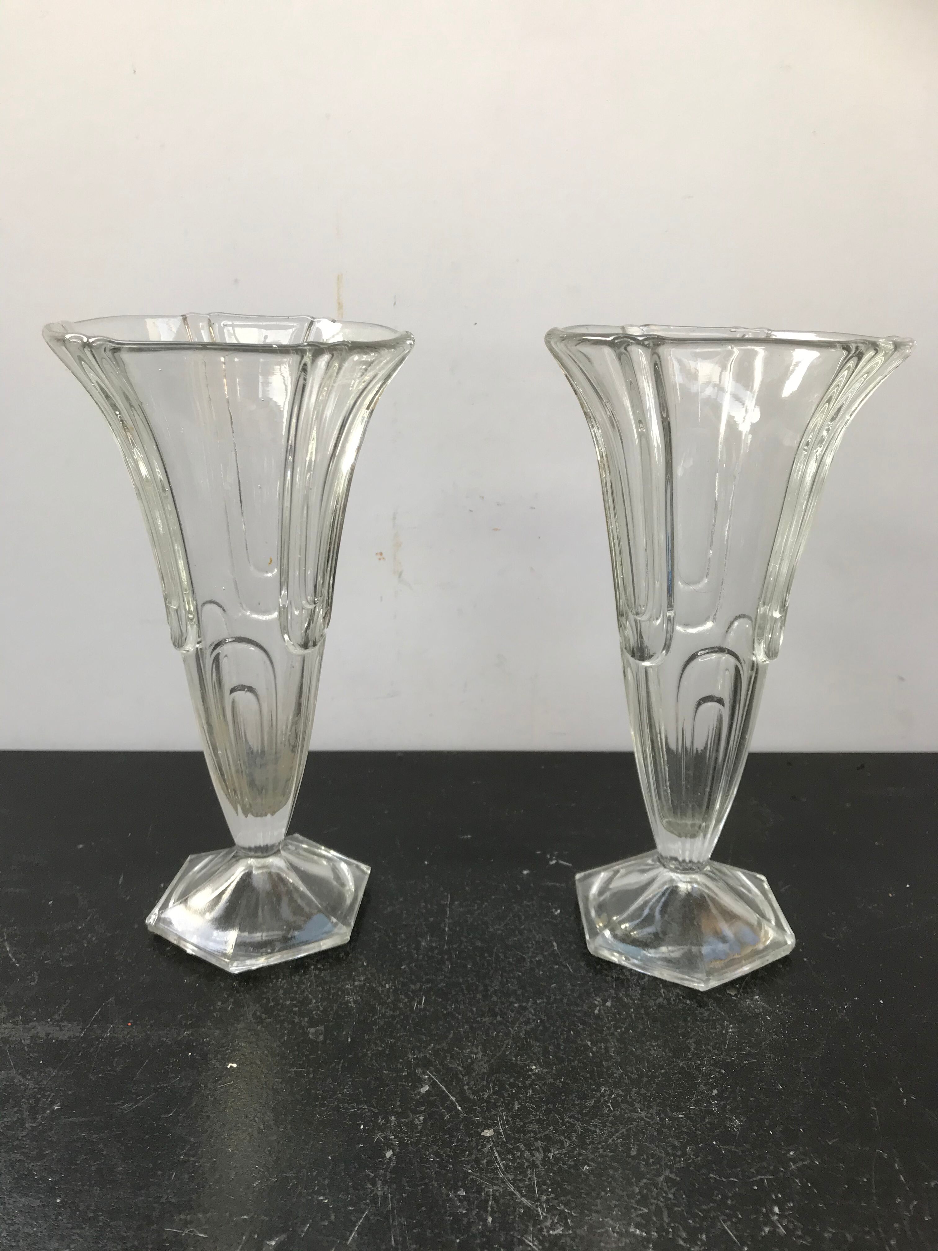 Pair of old art deco style vintage molded glass vases