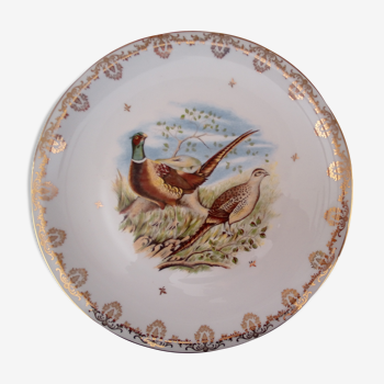 Plat rond en porcelaine de Limoges Haute Epoque LP décor réservé motif faisans