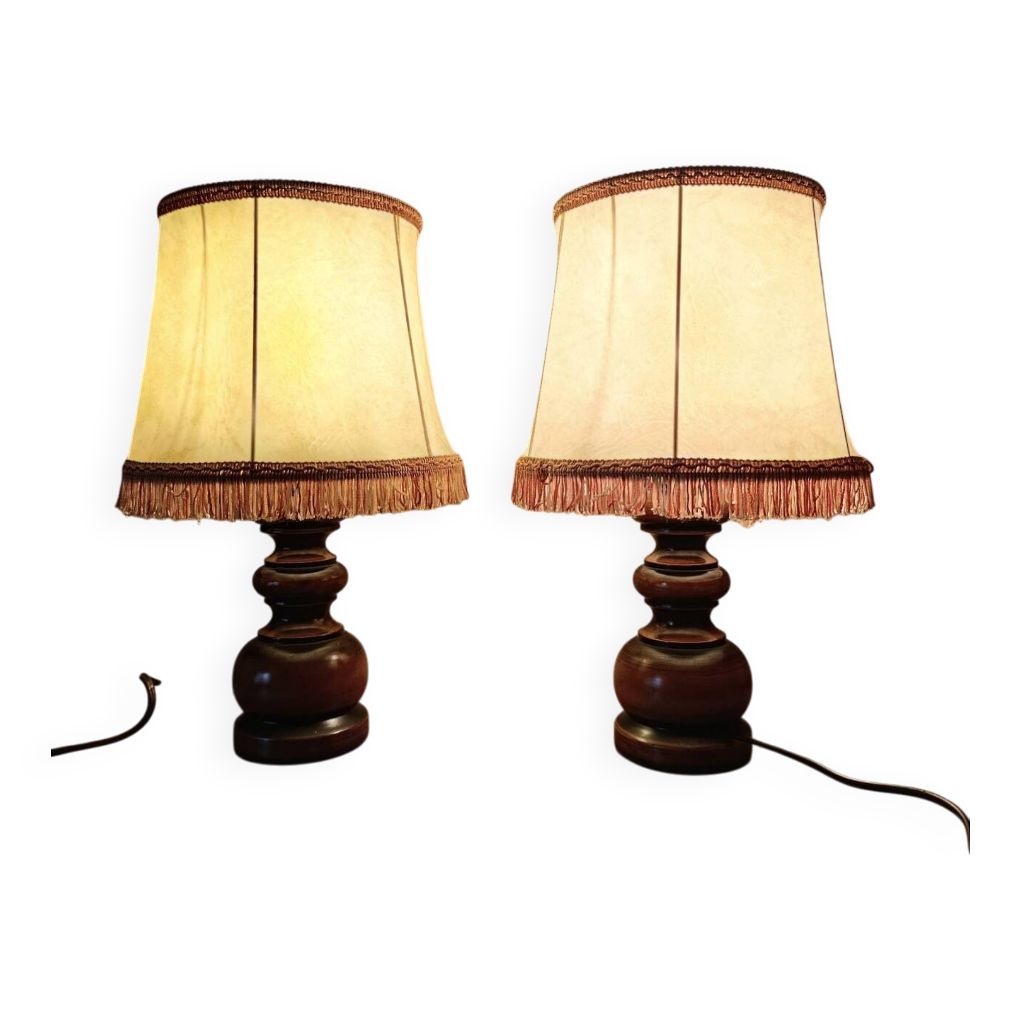 Two wooden bedside lamps, pagoda lampshades imitation leather, rustic chic.