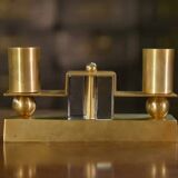 Pair of brass and Bohemian crystal wall lights in the style of Jean Royère, 1940s