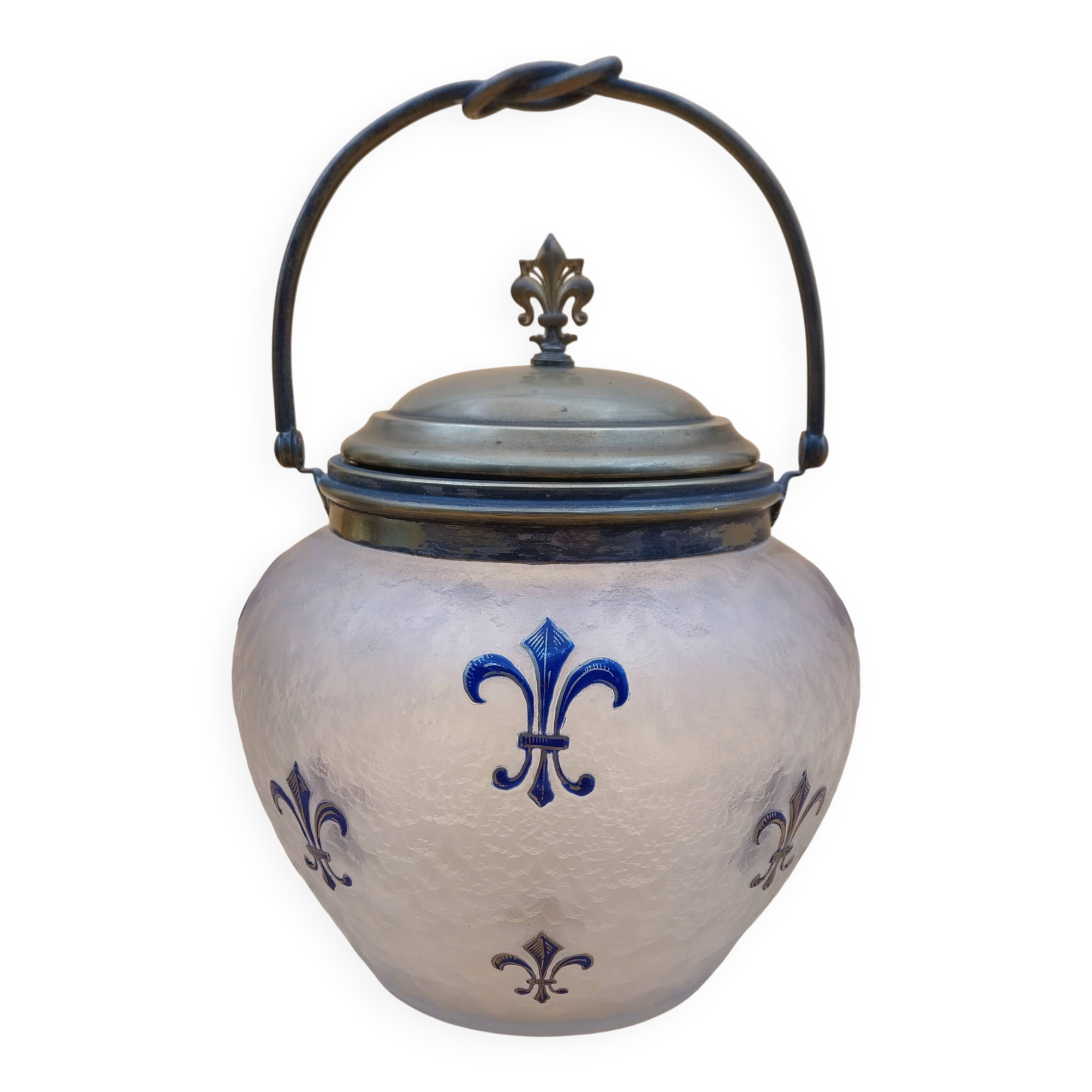 Crystal biscuit jar decorated with blue enamel and gilding.