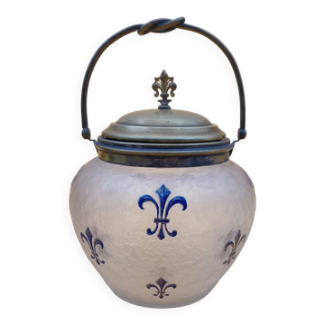 Crystal biscuit jar decorated with blue enamel and gilding.