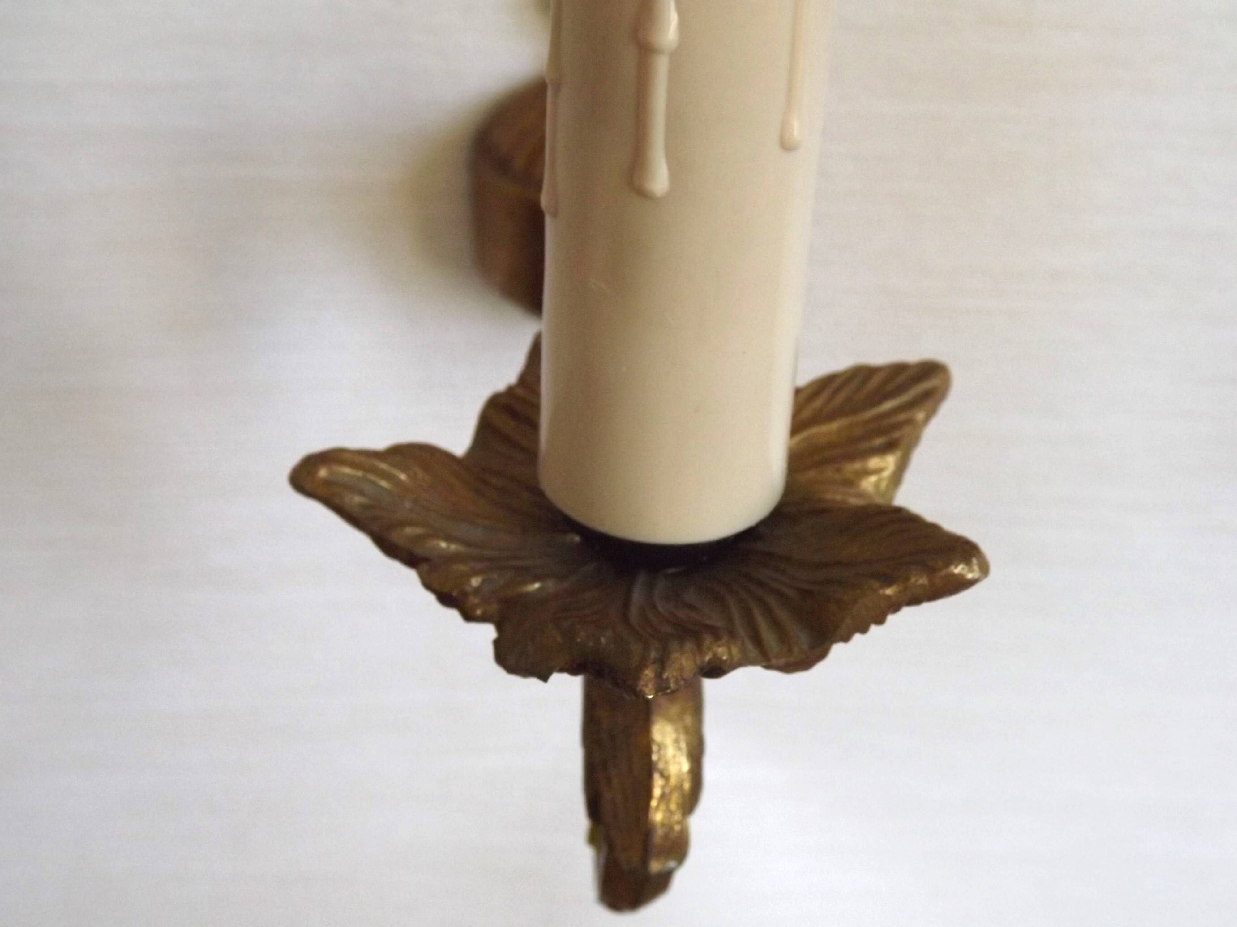 Pair French Gilt Bronze Single Wall Sconces Leaf & Feather Plume Detail