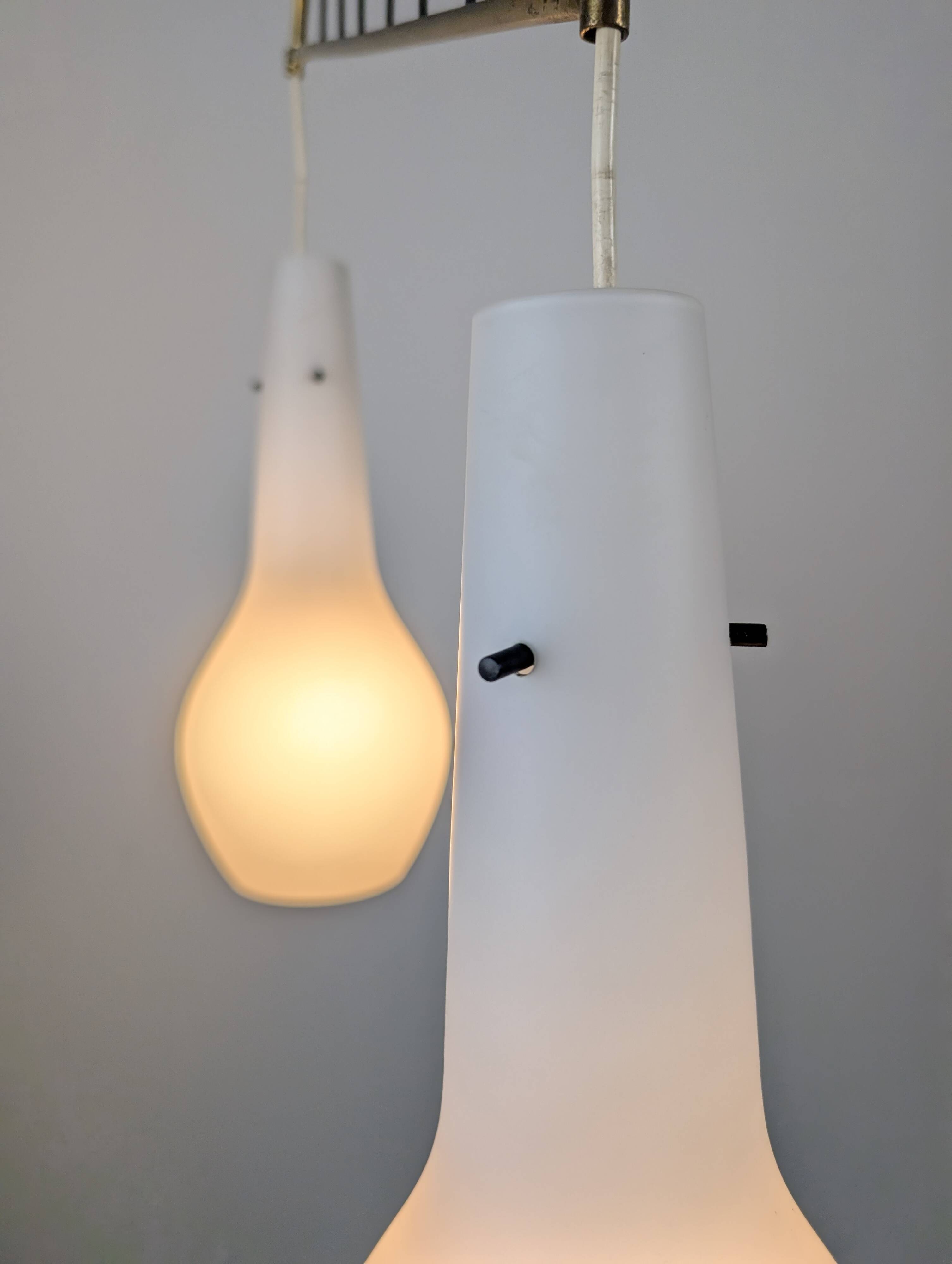 Italian Pendant Lamp with Opaline Shades & Brass, Stilnovo Style, 1950s