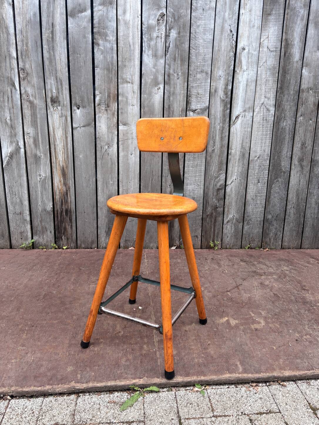 Vintage industrial workshop stool in wood, 1950s