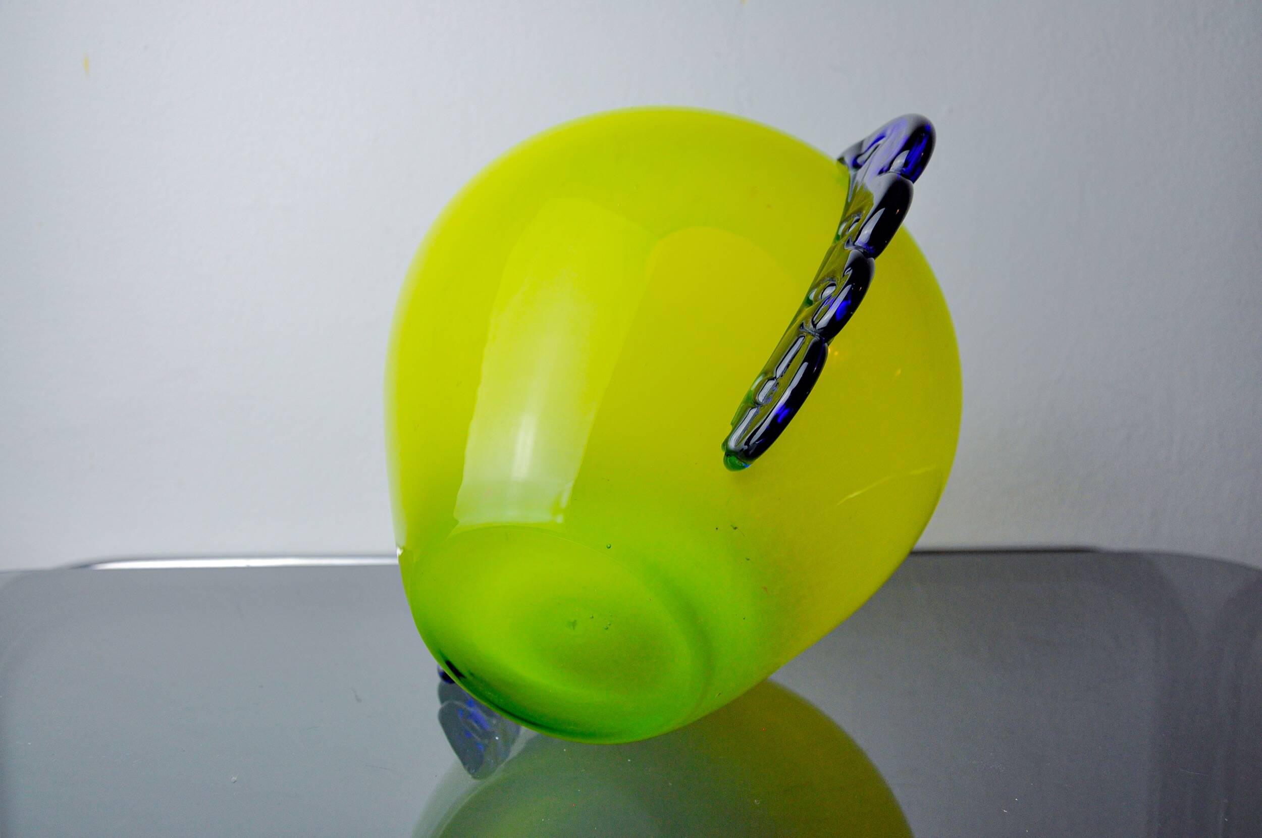 Vase Orecchio en verre de Murano, verre souflé jaune et bleu, Italie, 1970