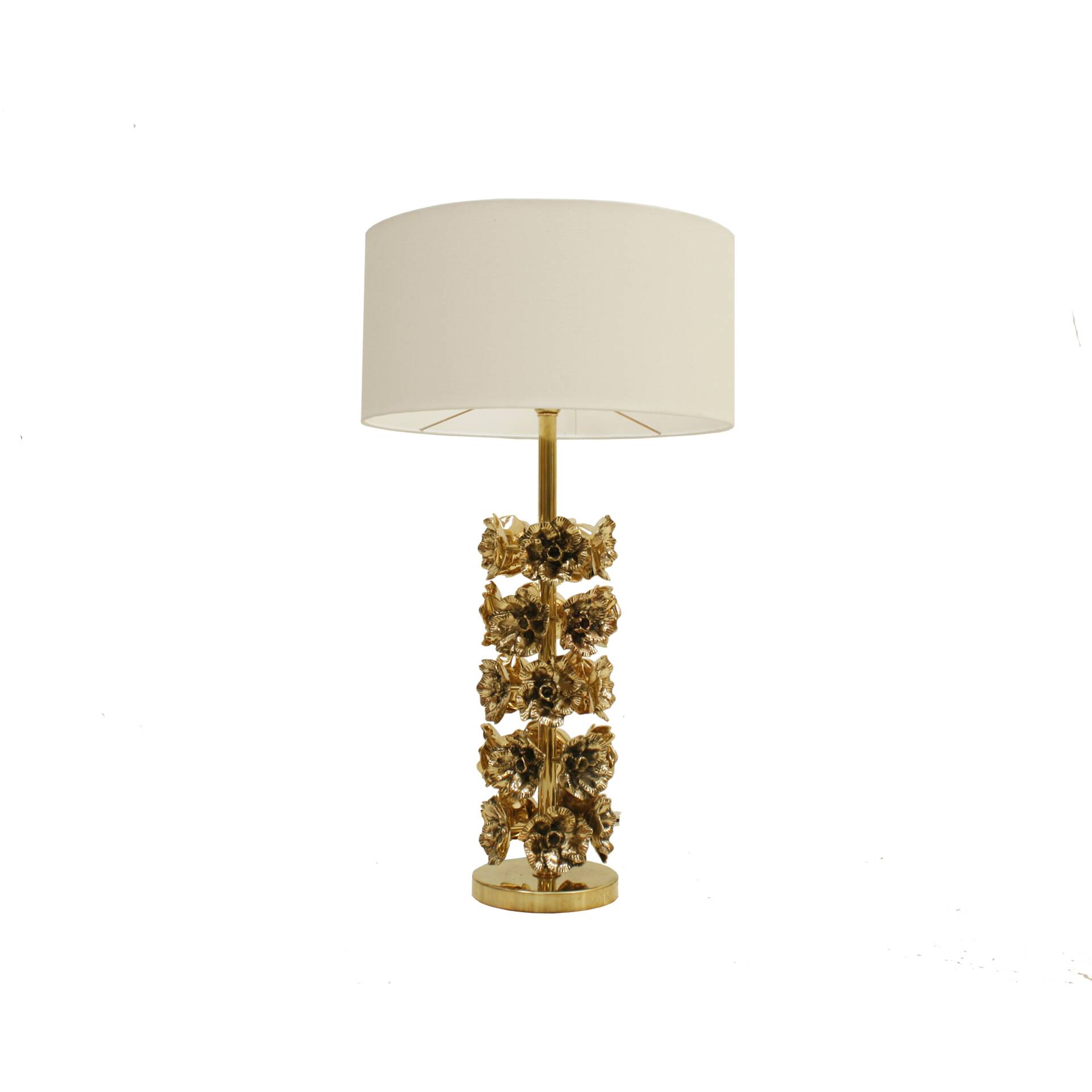 Mid-century modern Italian table lamps with hand-sculpted brass, floral pattern.