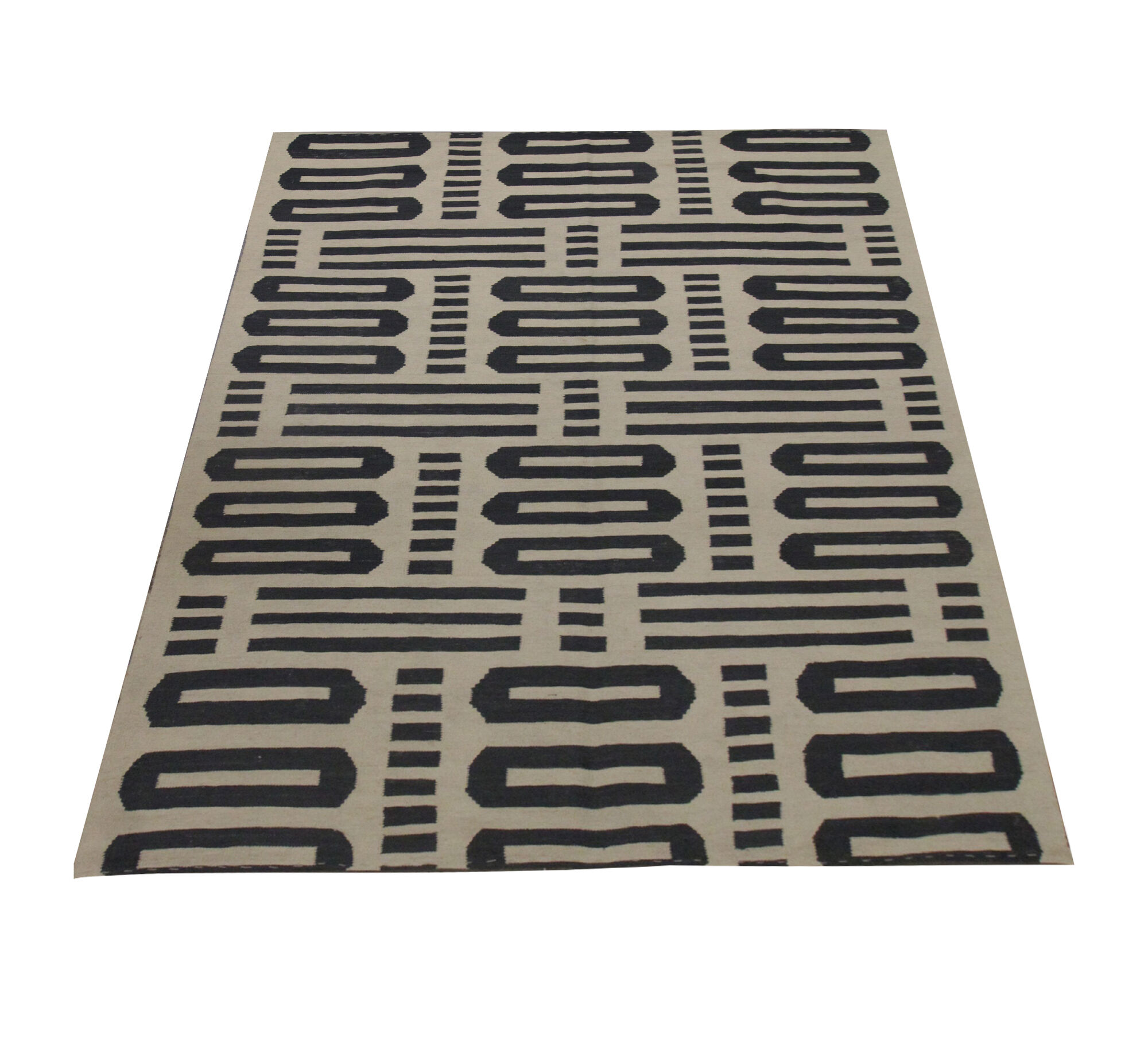 Bold Geometric Kilim Contemporary Grey Cream Wool Area Rug- 177x225cm