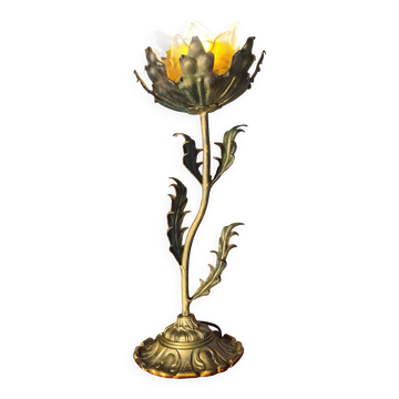 lampe acier patiné  bronze avec jolie tulipe verre ambré 44x16  elec neuve,