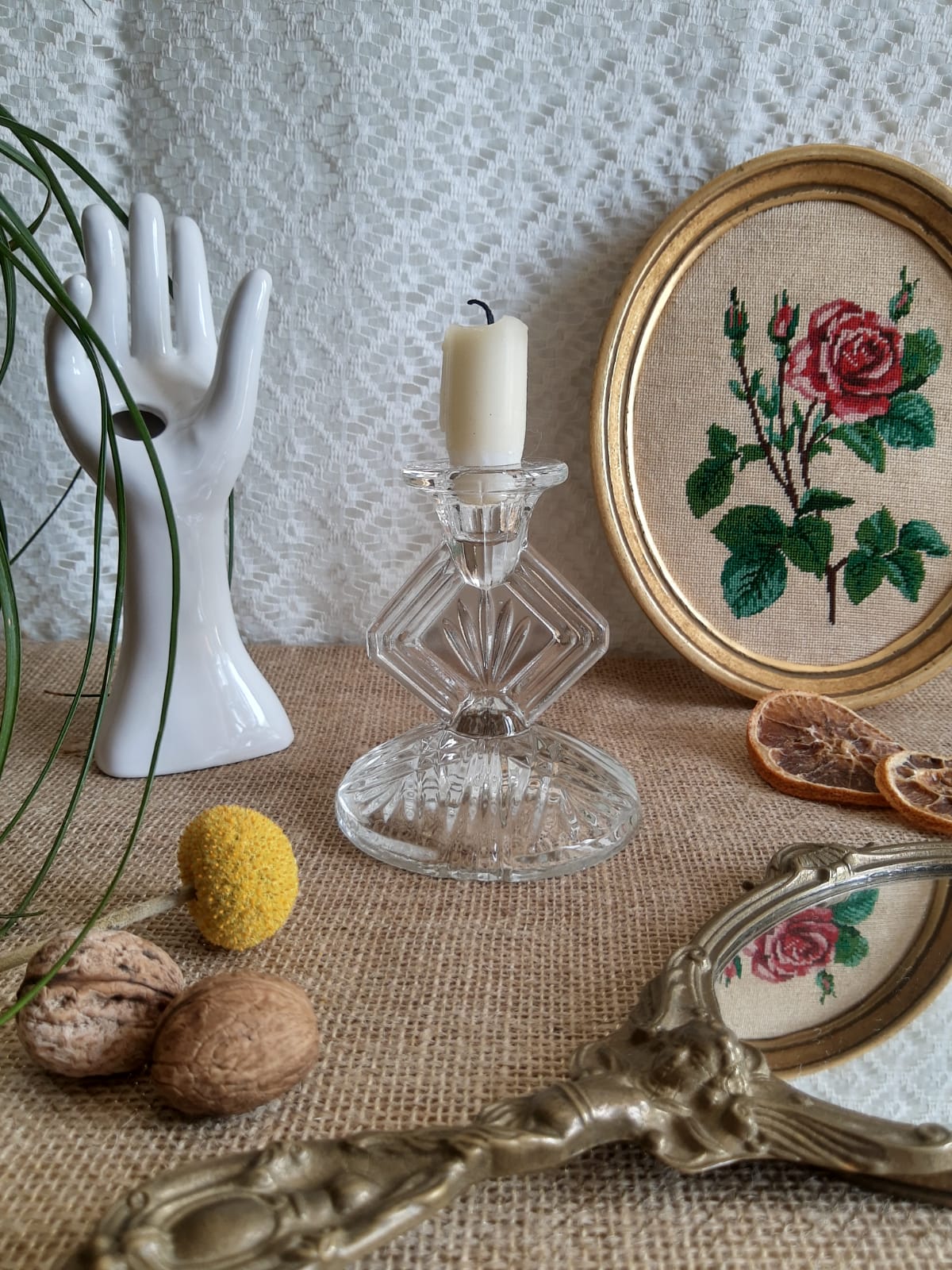 Art Deco chiseled glass candle holder - vintage