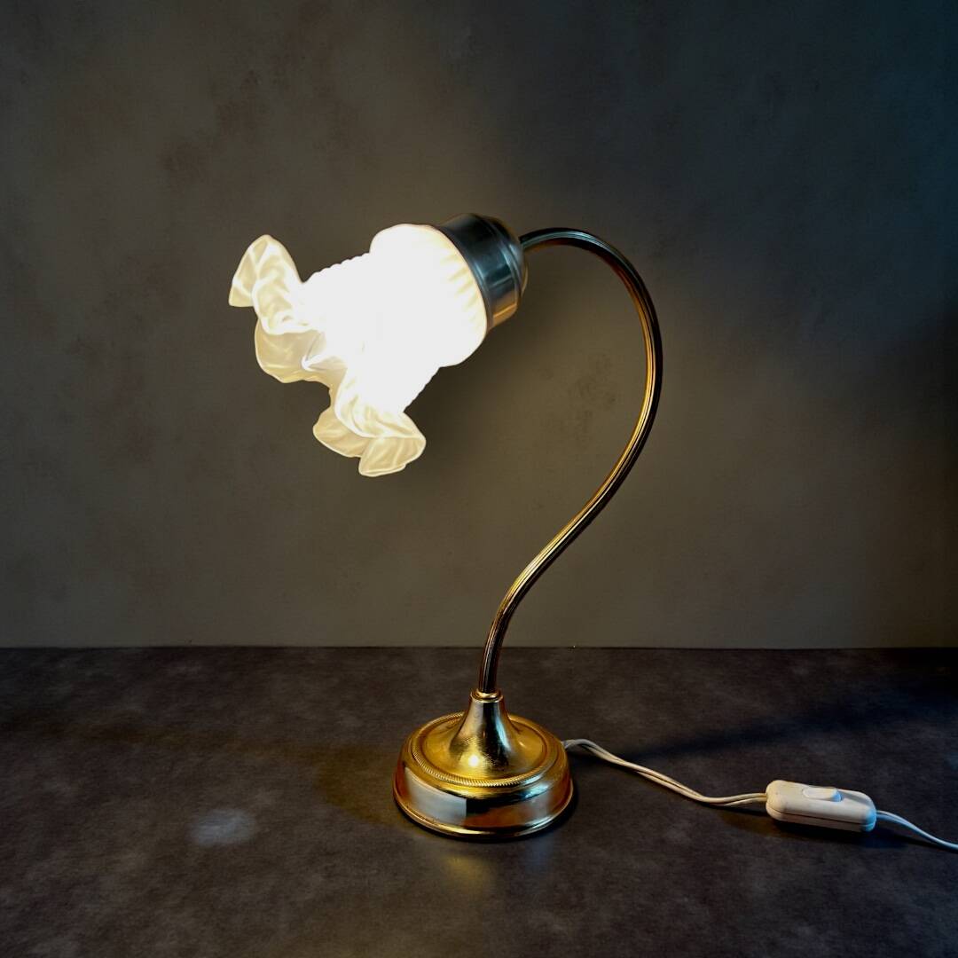 Antique brass and glass swan neck bedside lamp.