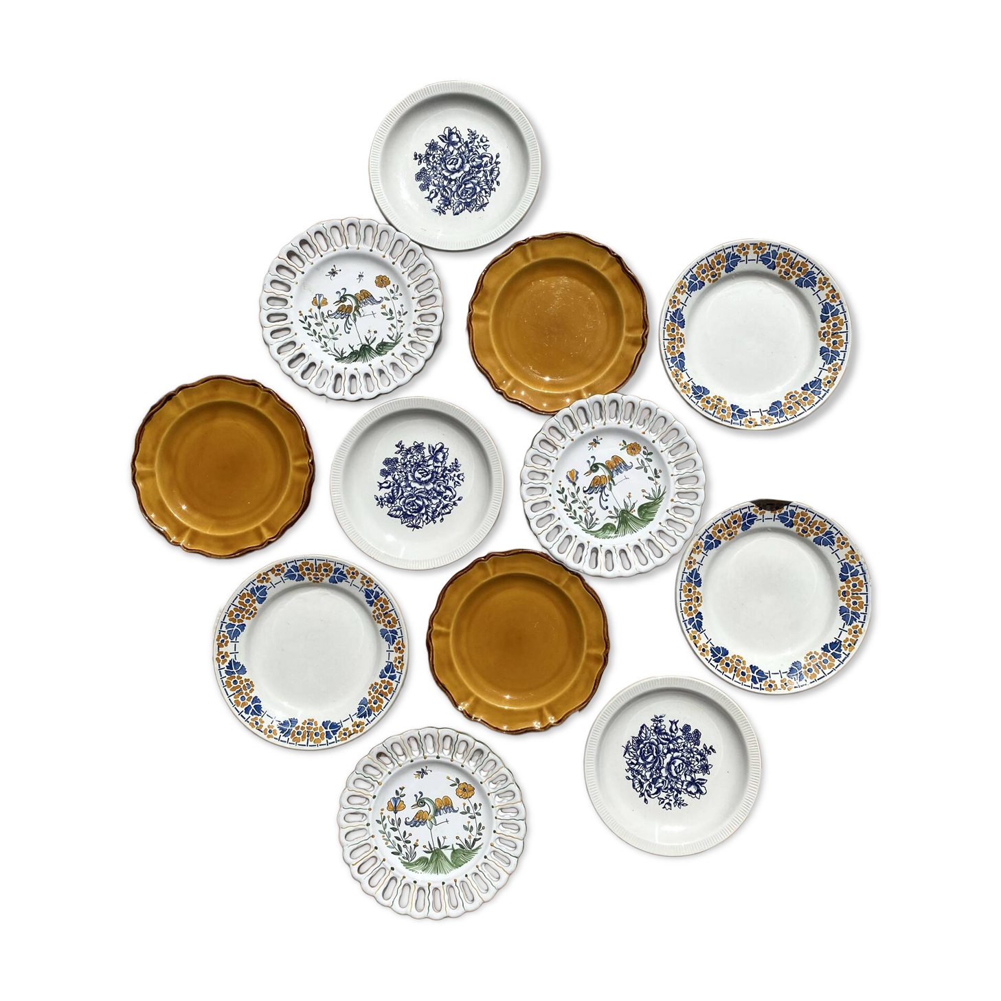 Set of twelve mismatched vintage dessert plates.