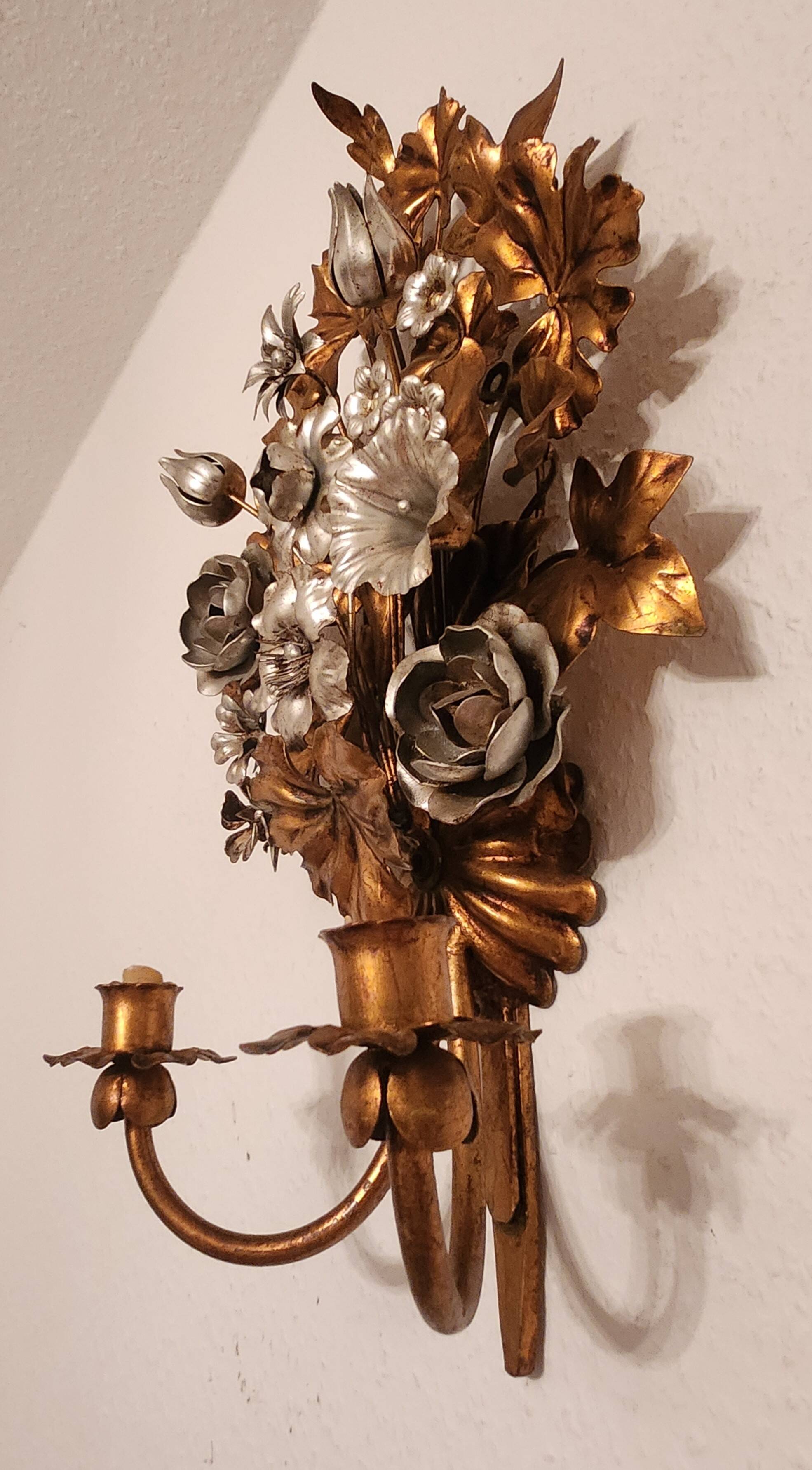 Hand-forged gilded silver-plated candle wall lamps by S. Salvadori