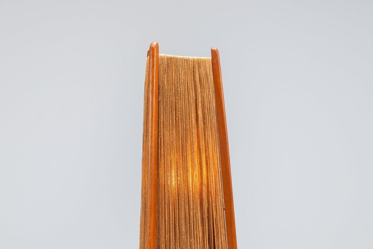 Temde tripod floor lamp in sisal and teak, Switzerland, 1960