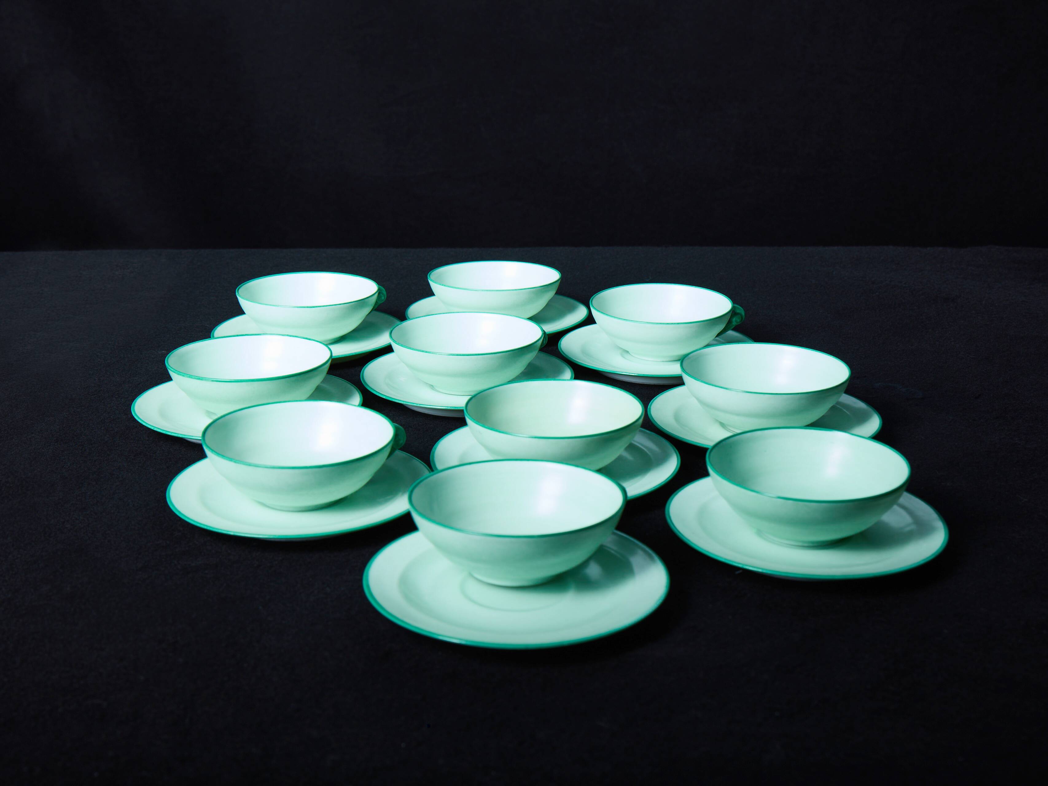 Set of 7 vintage green coffee cups with 12 saucers
