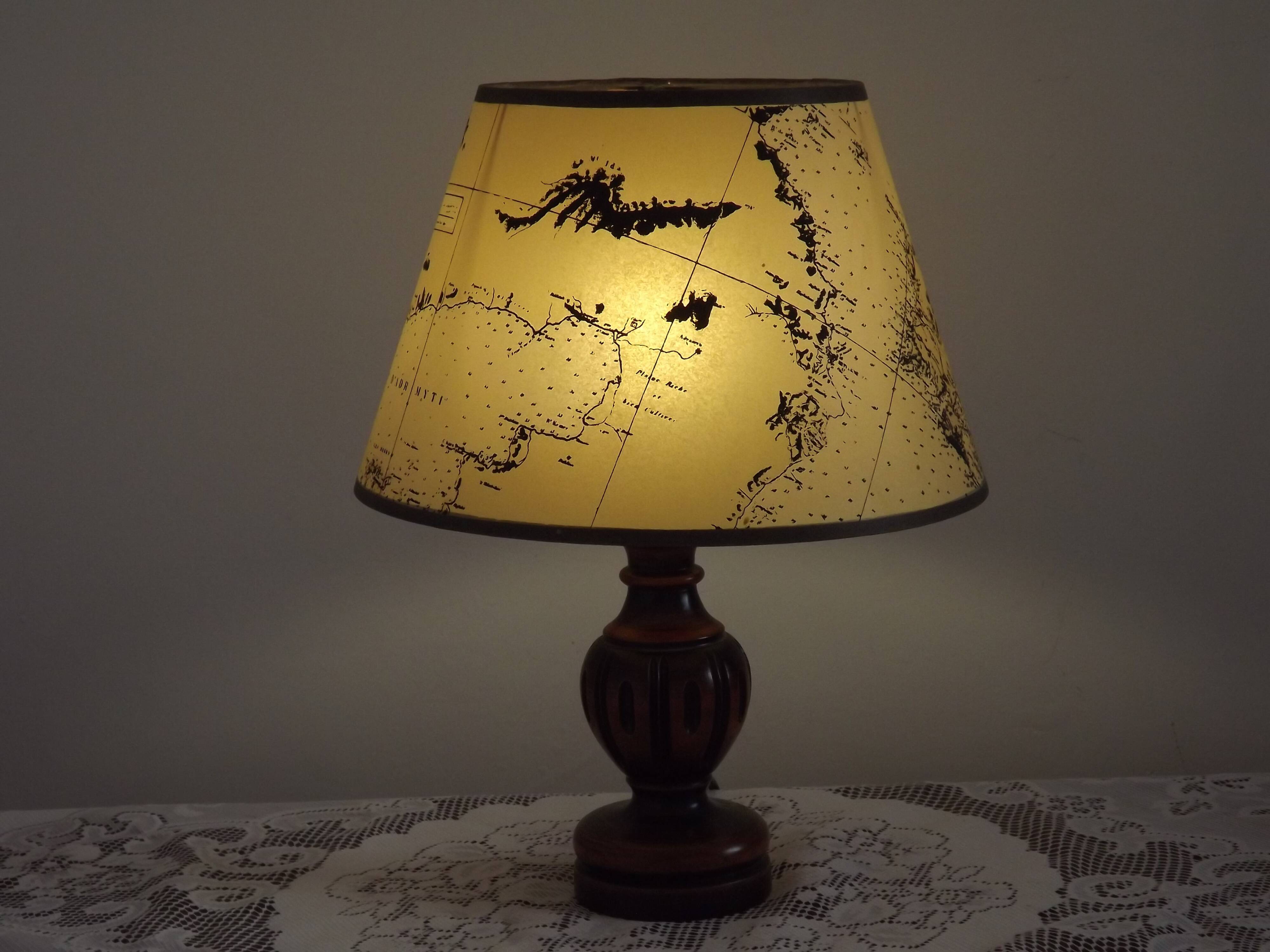 French Mid Century Round Turned Wood Grooved Table Lamp Map Detail Shade