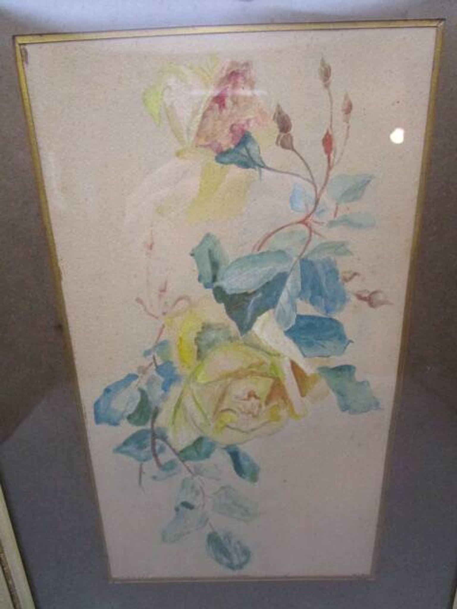 Old watercolor - stem of roses - framed