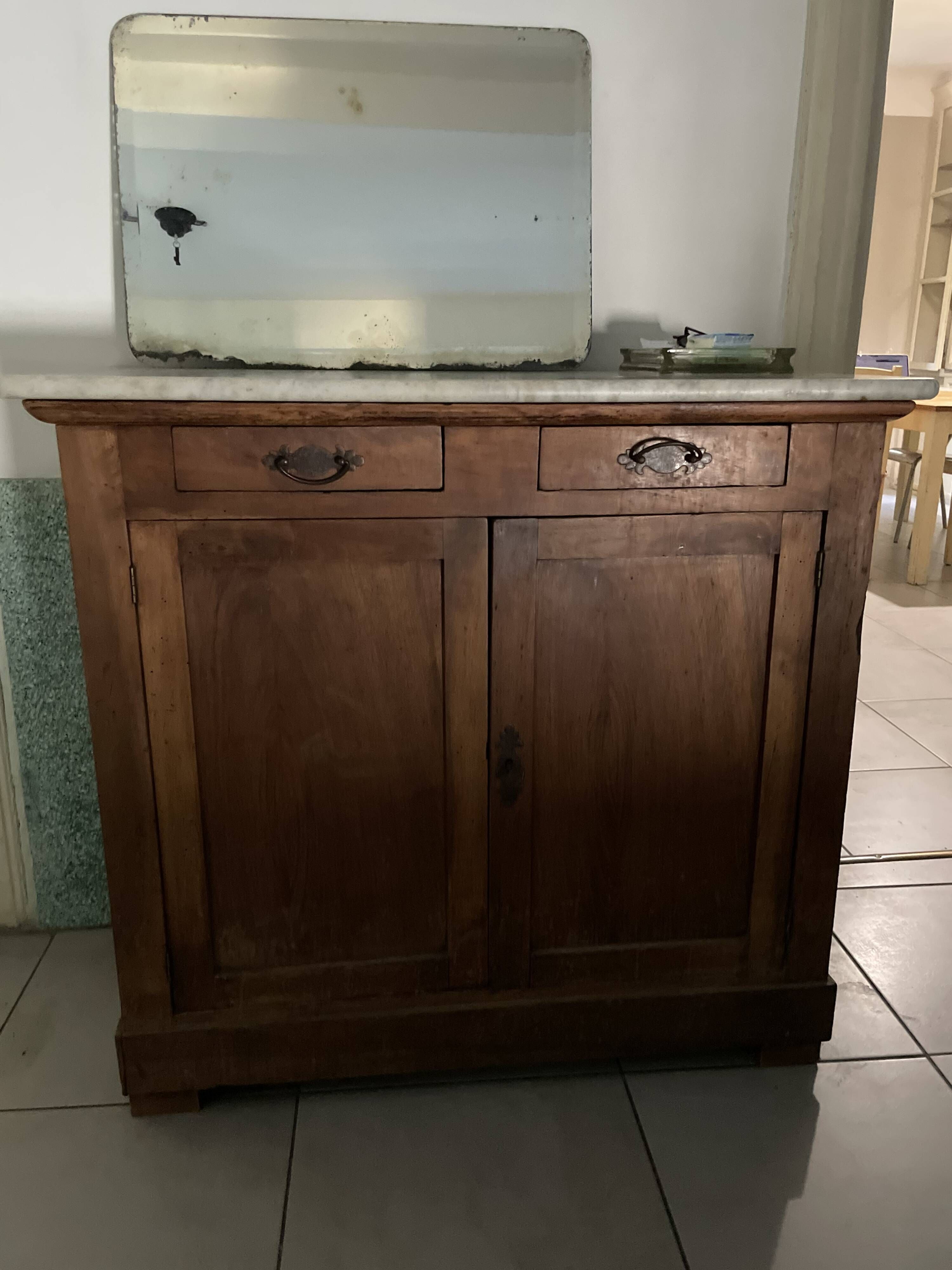 Antique sideboard chest of drawers in oak wood and marble top