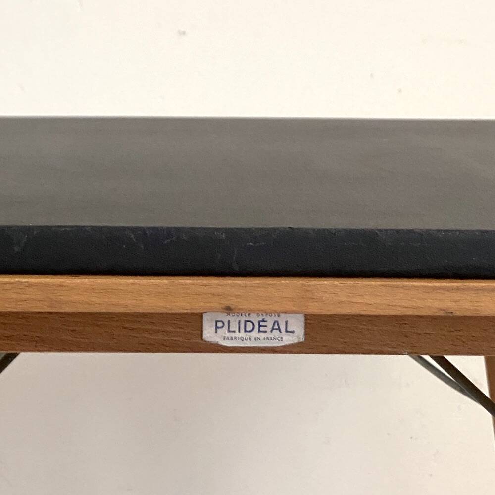 Folding Coffee Table "PLIDEAL" Beech & Black Faux Leather 50s Vintage