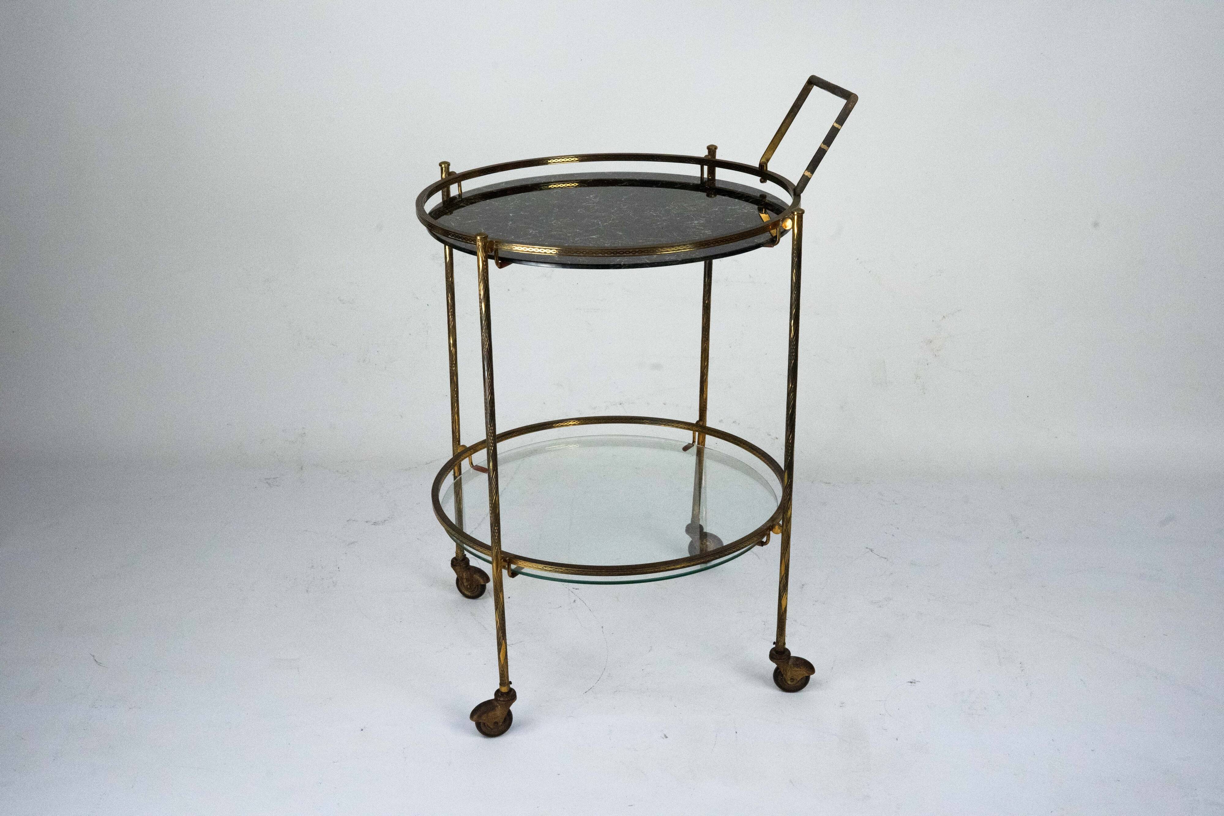 Round Mid-Century Brass and Marble-Effect Glass Bar Cart. Italy 1950s