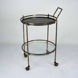 Round Mid-Century Brass and Marble-Effect Glass Bar Cart. Italy 1950s