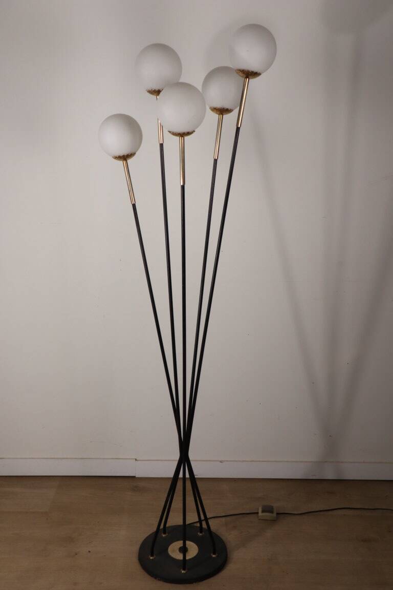 Vintage Arlus floor lamp in black lacquered metal and opaline globes, 1960