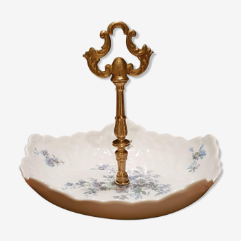 Plat présentoir à gâteaux en porcelaine et laiton