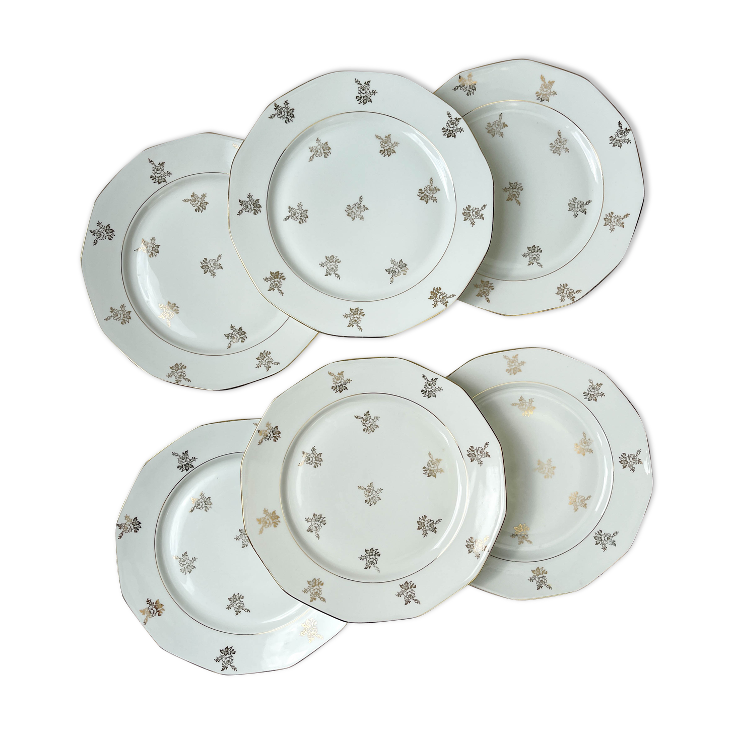 6 Flat plates porcelain white flowers golden Limoges Mehun