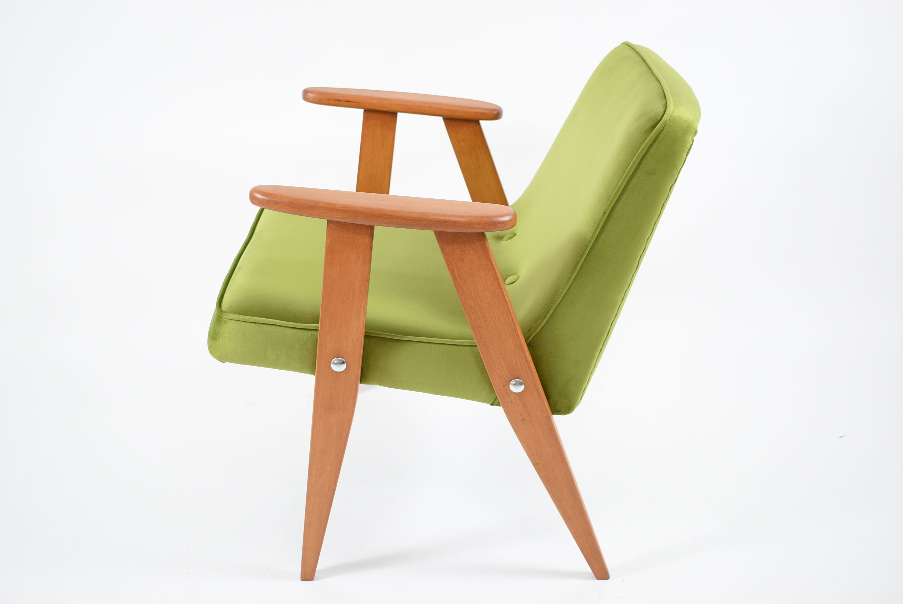 Vintage restored armchair, model 366, designer J. Chierowski, olive velvet