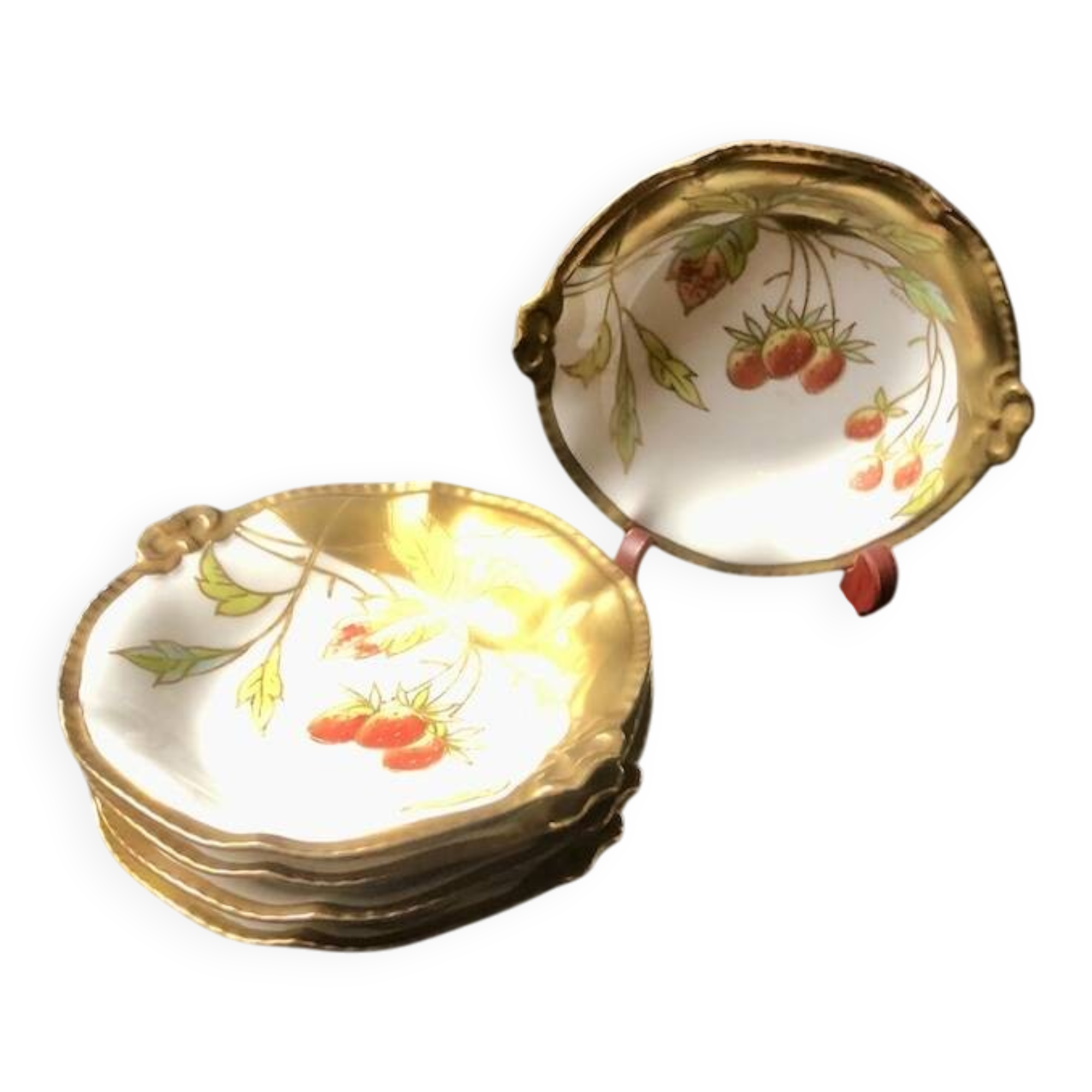 Five Antique Limoges Porcelain Berry Plates: Hand-Painted Gilbert, Gilded