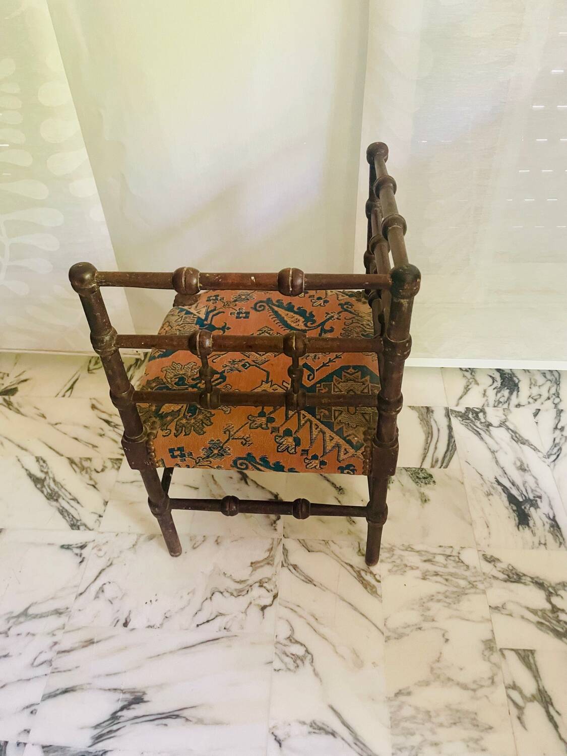 Vintage Art Deco corner chair in bobbin wood and fabric, circa 1930