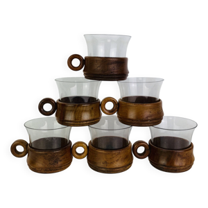 6 tasses en verre et - style teck