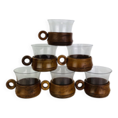 6 tasses en verre et teck style scandinave, années 60