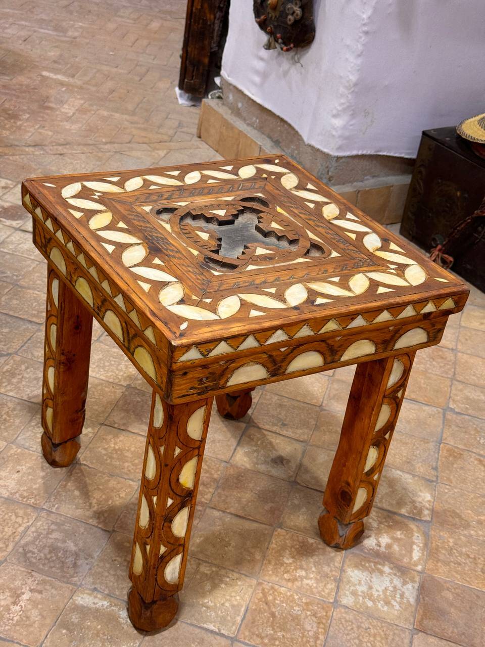 Moroccan camel bone marquetry wooden table for bedroom or living room