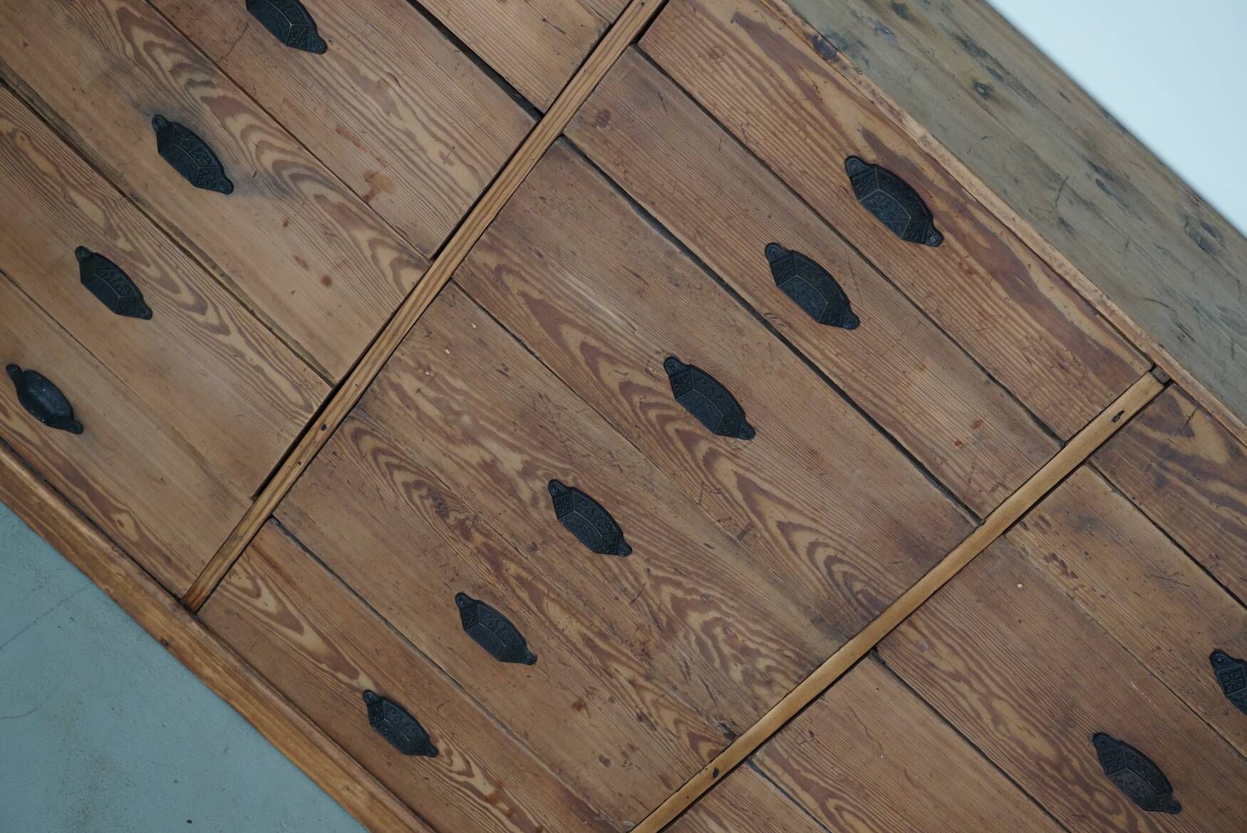 Antique Rustic German Pine Apothecary Cabinet / Bank of Drawers, 1900s
