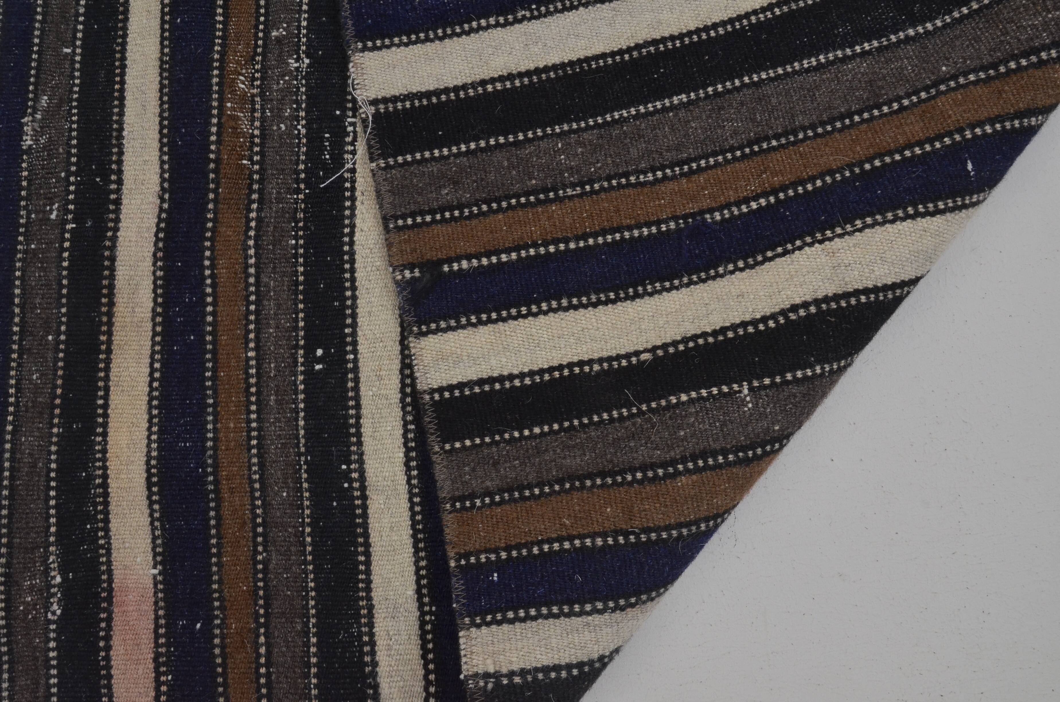 Couverture en kilim en laine turque Oushak à rayures, sku 3776