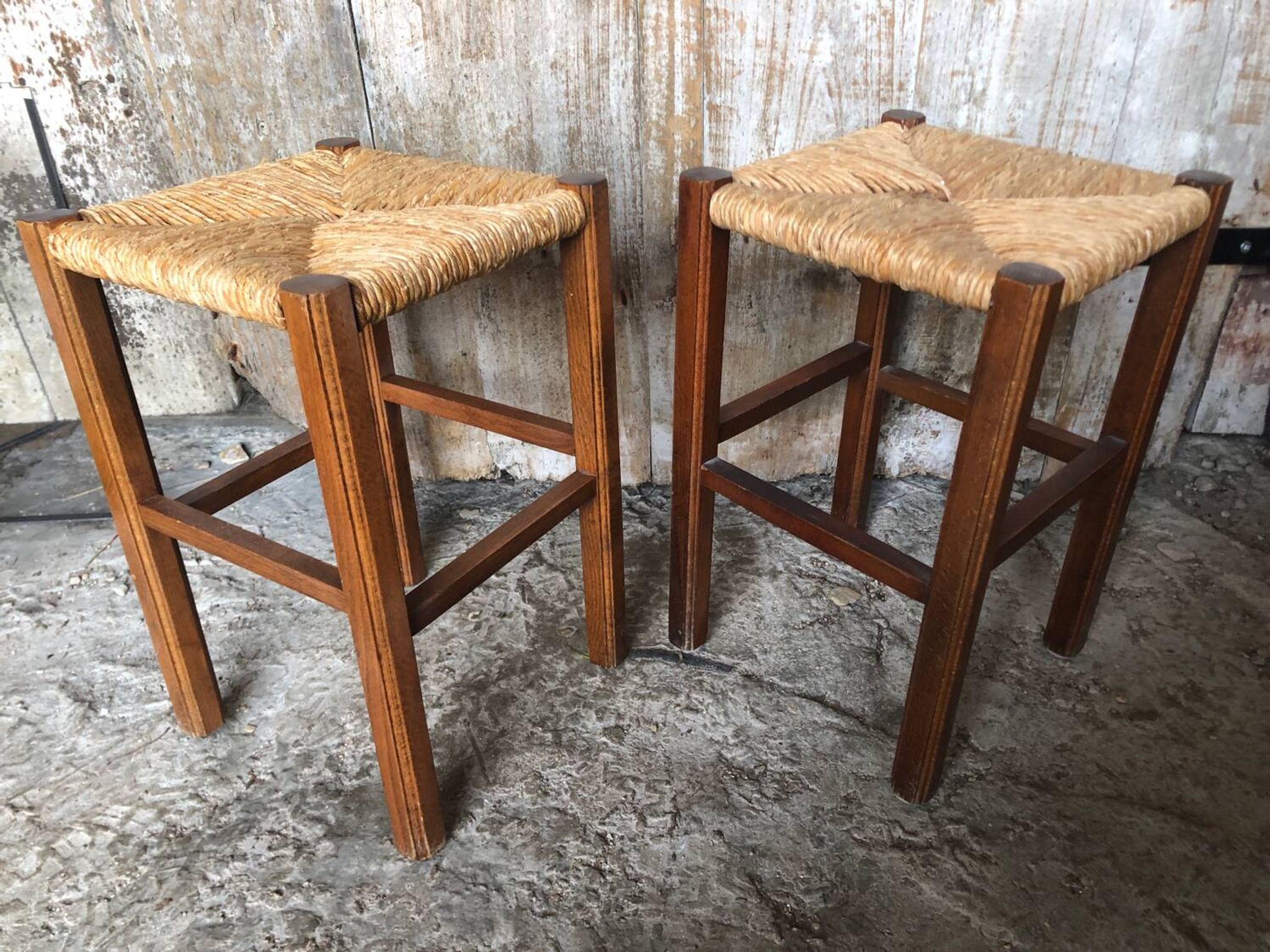Pair of Old Carved Wood Stool + Vintage Straw Seat #A630