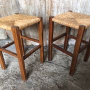 Pair of Old Carved Wood Stool + Vintage Straw Seat #A630
