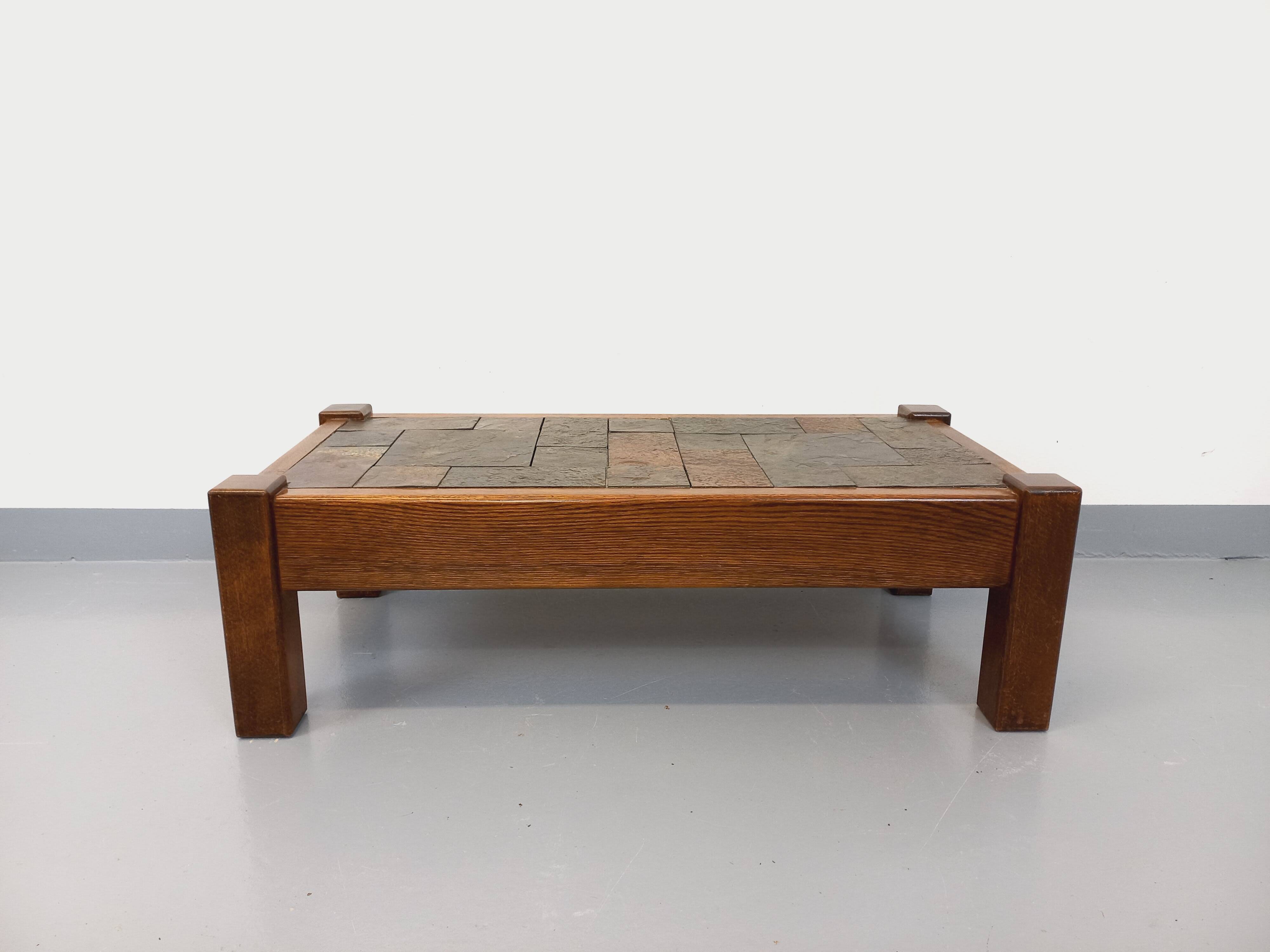 Vintage Brutalist Oak and Slate Coffee Table from the 60s-70s