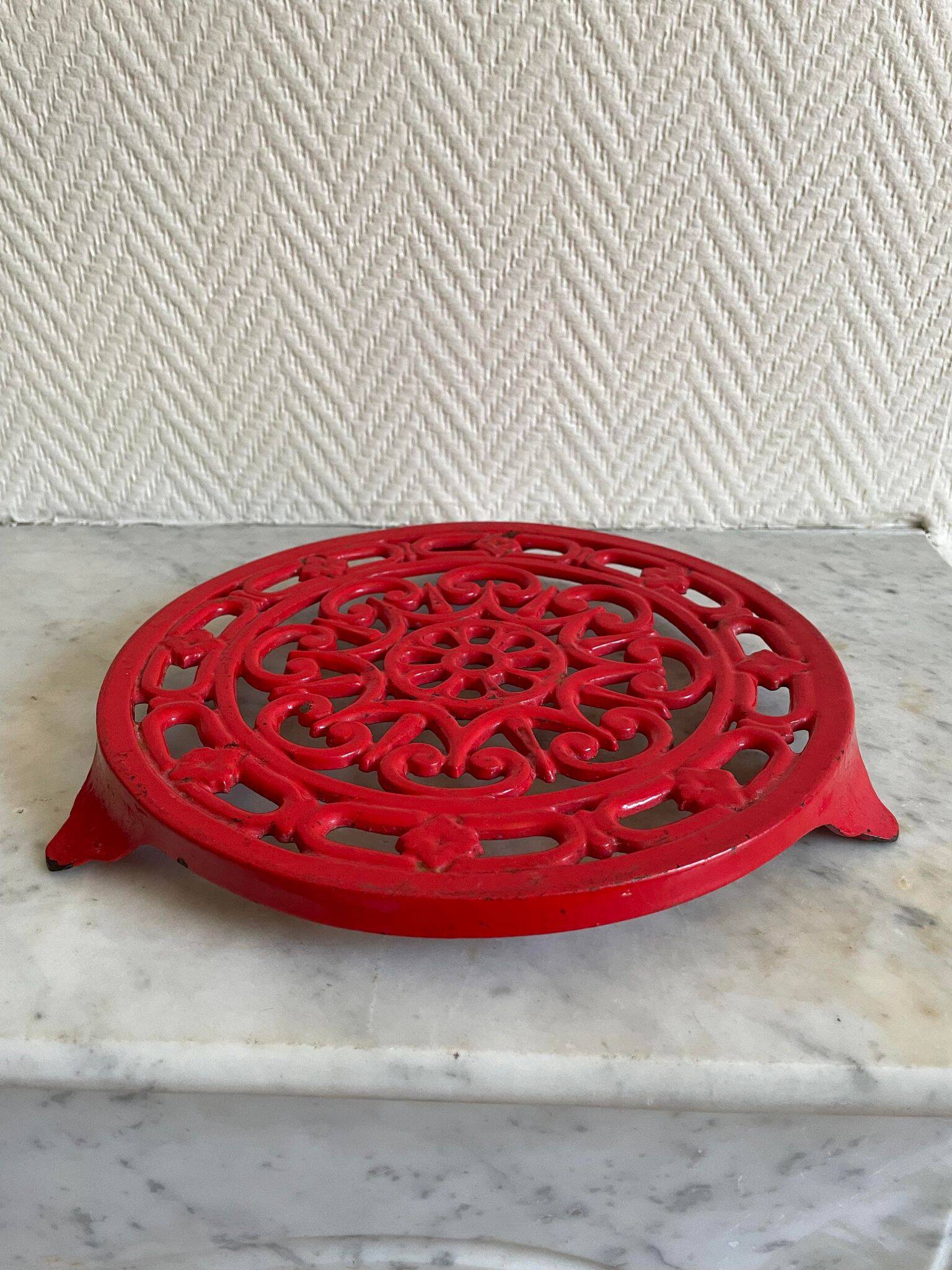 Vintage red Decotec enameled cast iron trivet