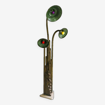 Lampadaire géant Art Nouveau des années 1930 en laiton et pierre à 3 lumières