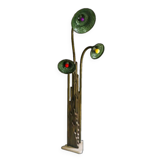 Giant 1930s Art Nouveau brass and stone 3-light floor lamp