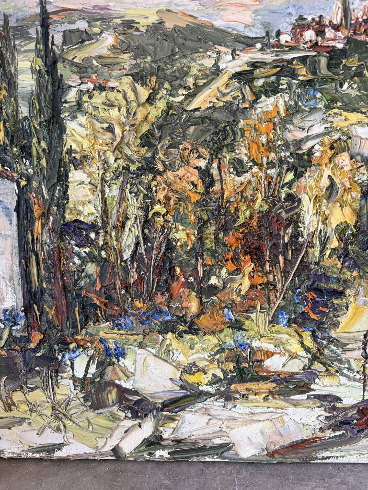 Provençal village landscape, knife oil painting signed René Lechair.